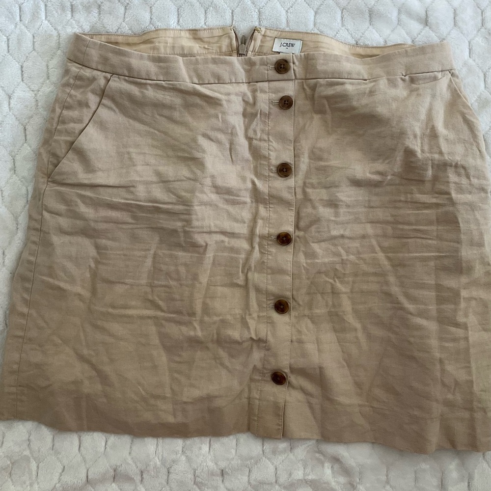 Women’s J. Crew Linen Tan Button Front Brown Office Mini A-Line Skirt Sz 16